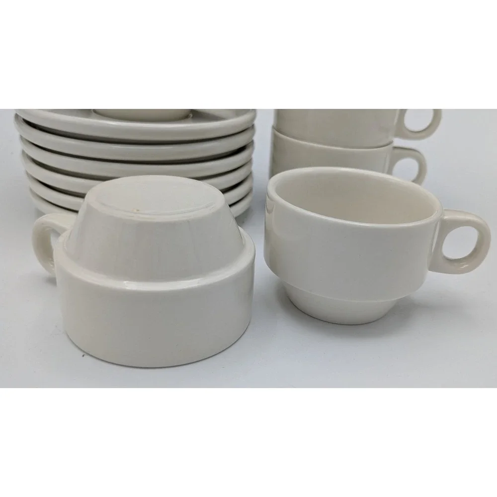 Set 6 European Espresso Demitasse 80ml 2.5 oz Cup & Saucer Modern White Stacking